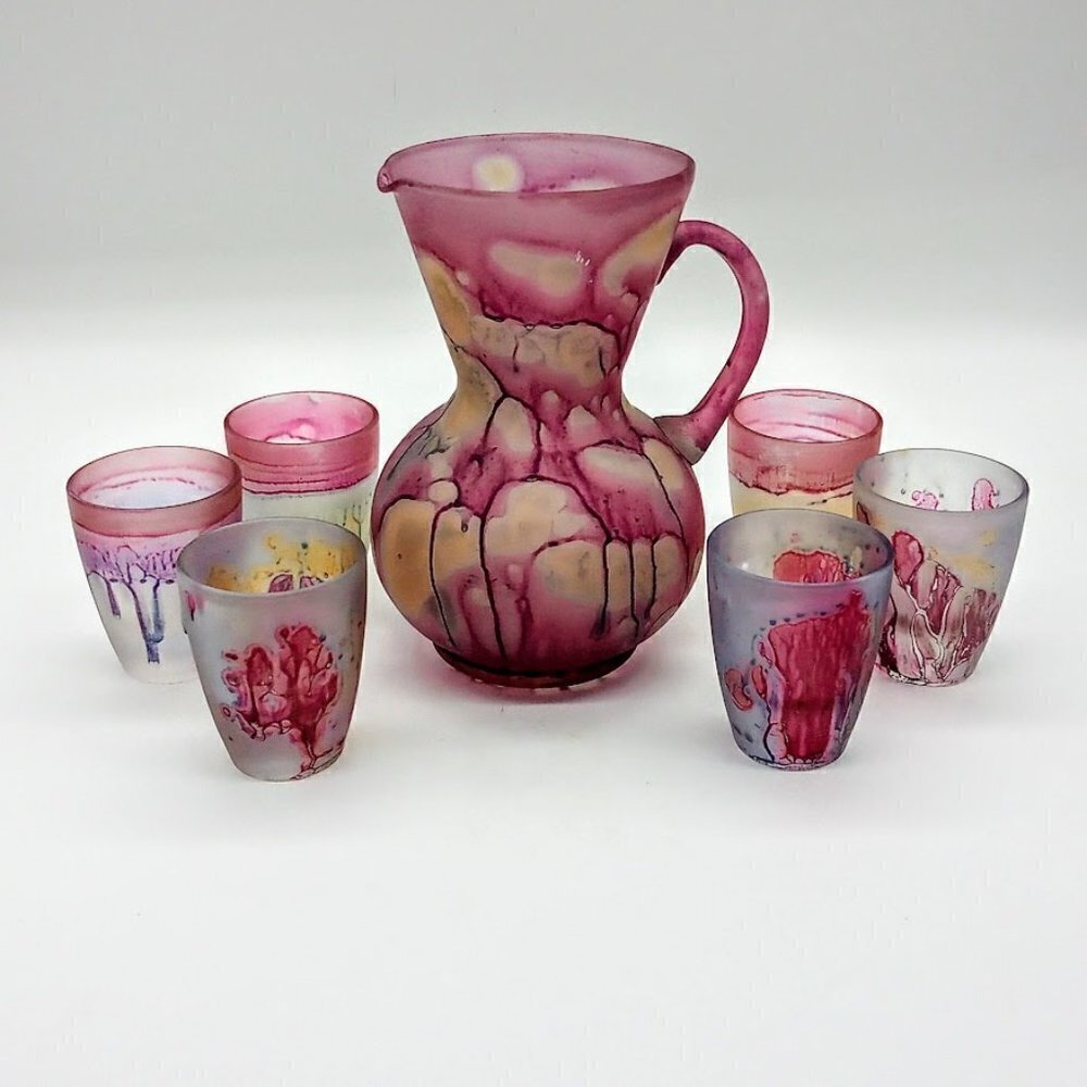 Hand-Painted Israeli Pitcher & 6 Shot Glasses